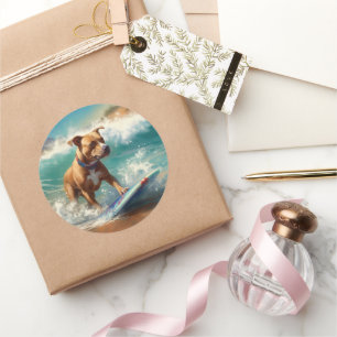 Amerikaans Staffordshire Strand Surfen Schilderij Ronde Sticker