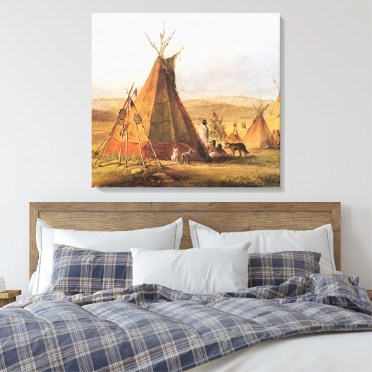 -Amerikaans Westen, Teepees op Plain door Bodmer Canvas Afdruk (Insitu (Slaapkamer))