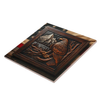 Amerikaanse adelaar snijwerk met berg achtergrond tegeltje