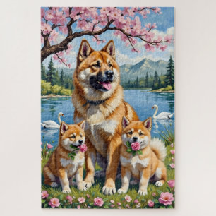 Amerikaanse Akita Familie Weide Kunst Legpuzzel