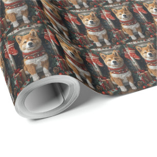 Amerikaanse Akita met kerstcadeaus Haard Cadeaupapier