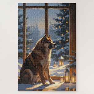 Amerikaanse Akita met Kerstverlichting Vakantie Legpuzzel