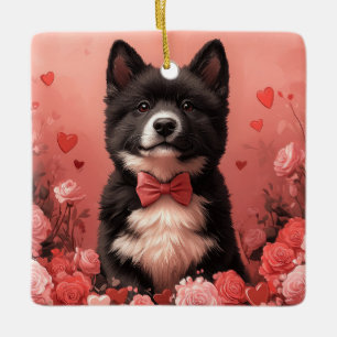 Amerikaanse Akita met Rozen - Valentijnsdag Keramisch Ornament