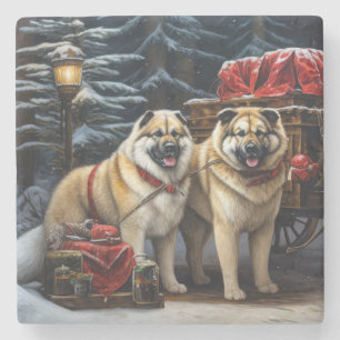 Amerikaanse Akita Snowy Sleigh Ride Kerstdecoratie Stenen Onderzetter