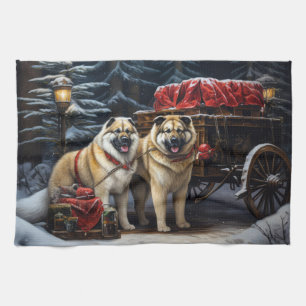 Amerikaanse Akita Snowy Sleigh Ride Kerstdecoratie Theedoek