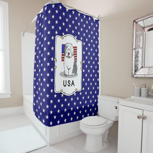 Amerikaanse Amerikaanse vlag Oude Engelse Sheepdog Douchegordijn (In situ)