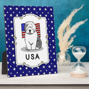 Amerikaanse Amerikaanse vlag Oude Engelse Sheepdog Fotoplaat