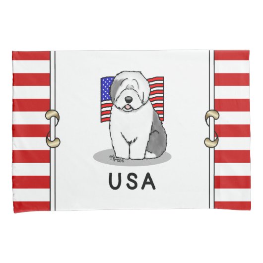 Amerikaanse Amerikaanse vlag Oude Engelse Sheepdog Kussensloop (Voorkant-Rechts)