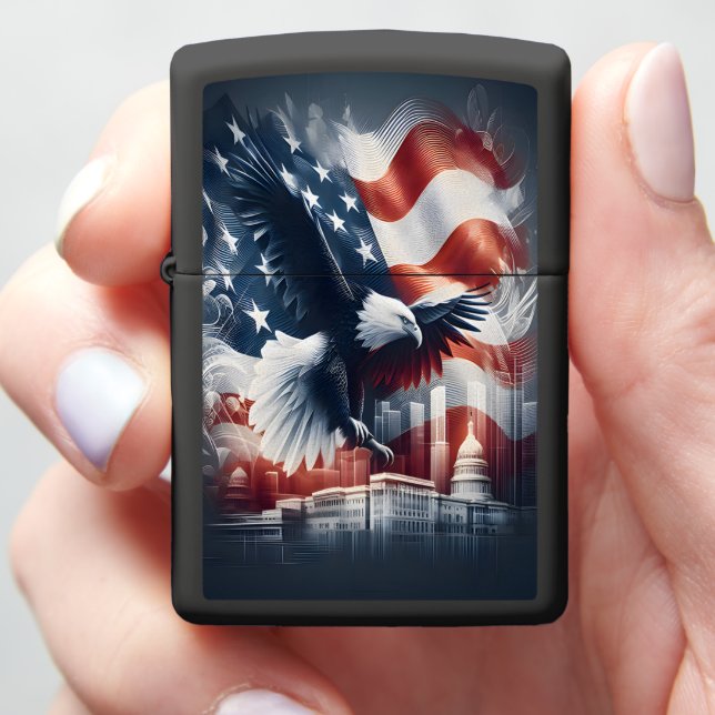 amerikaanse arend stijgt boven stad (In Hand)