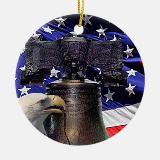 Amerikaanse Bald Eagle, Bell en Flag Keramisch Ornament (Voorkant)