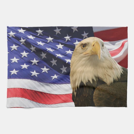 Amerikaanse Bald Eagle en vlag Theedoek (Horizontaal)