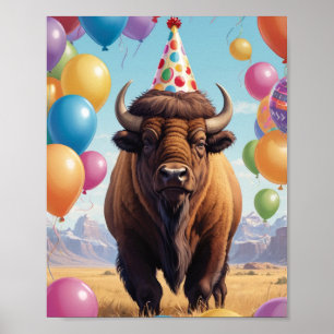 Amerikaanse bizon verjaardag pet & ballonnen poster