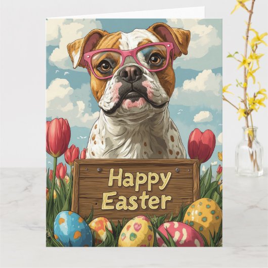 Amerikaanse Bulldog Easter Eggs Kaart (Gele Bloem)