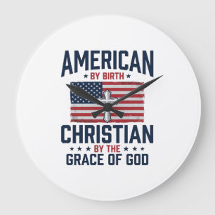 Amerikaanse Christelijke Vlag Kruis Vintage T-shir Grote Klok