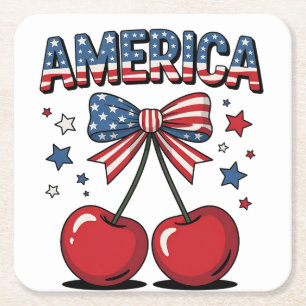 Amerikaanse Coquette Bow Cherry Esthetische Vlag v Vierkante Kartonnen Onderzetter