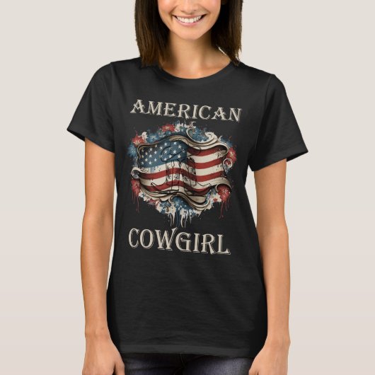 Amerikaanse cowgirl, patriottisch t-shirt (Voorkant)