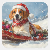 Amerikaanse Engelse Foxhound in Sledge Christmas Vierkante Sticker (Voorkant)
