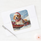 Amerikaanse Engelse Foxhound in Sledge Christmas Vierkante Sticker (Envelop)