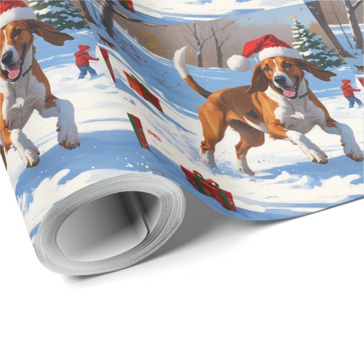 Amerikaanse Engelse Foxhound Kerstfeest Sneeuw Cadeaupapier (Rol Hoek)