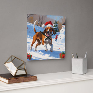 Amerikaanse Engelse Foxhound Kerstfeest Sneeuw Vierkante Klok