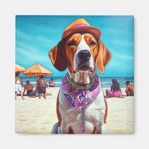 Amerikaanse Engelse Foxhound op het strand, zomer  Magneet