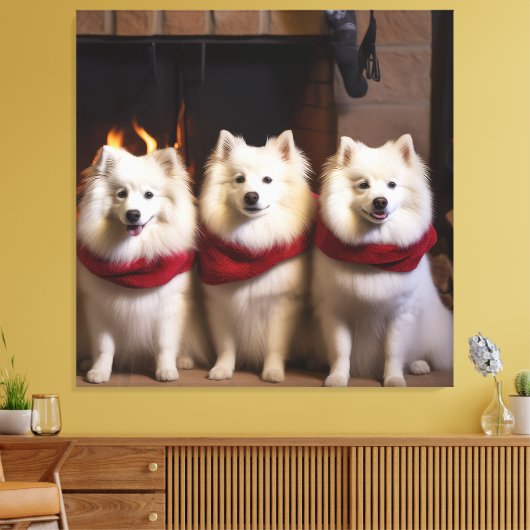 Amerikaanse Eskimo bij de open haard Kerstmis Canvas Afdruk (Insitu (Woonkamer))