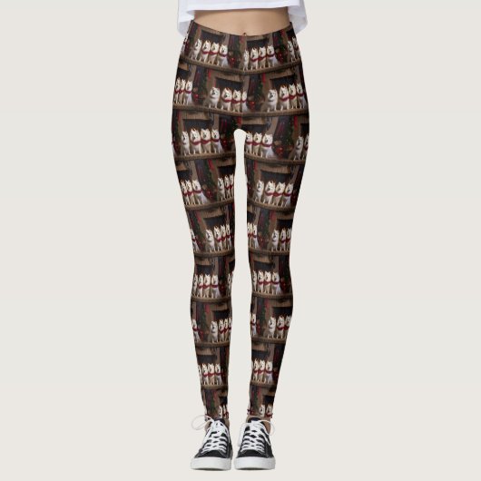 Amerikaanse Eskimo bij de open haard Kerstmis Leggings (Voorkant)