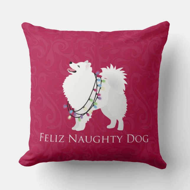 Amerikaanse Eskimo Dog Feliz Naughty Dog Kerstmis Kussen (Voorkant)