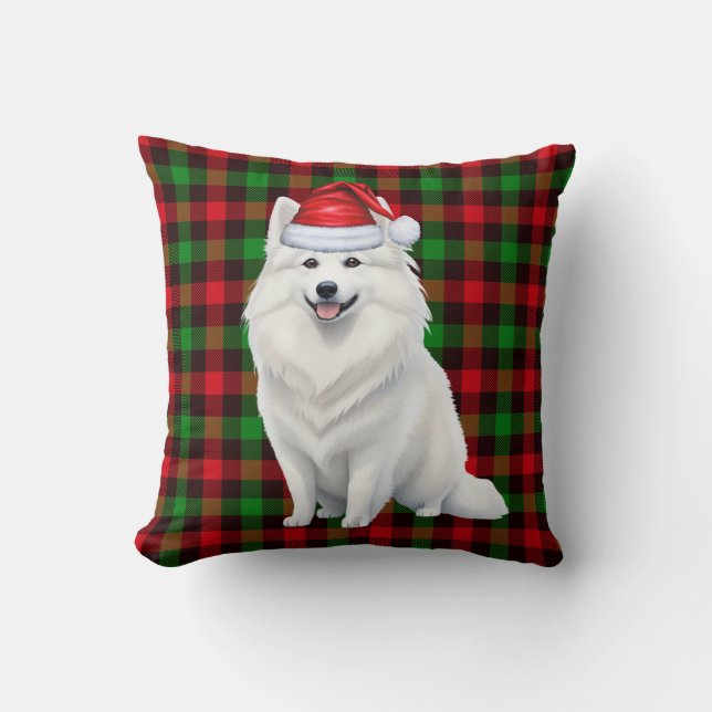 Amerikaanse Eskimo Dog Red Plaid Kerstvakantie Kussen (Voorkant)