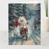 Amerikaanse Eskimo Dog Riding Motorfiets Kerstmis Kaart (Voorkant)