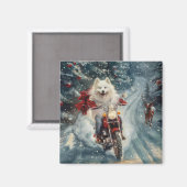 Amerikaanse Eskimo Dog Riding Motorfiets Kerstmis Magneet (Voorkant / Achterkant)