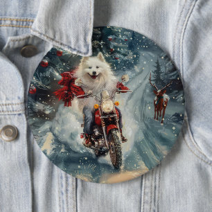 Amerikaanse Eskimo Dog Riding Motorfiets Kerstmis Ronde Button 6,0 Cm