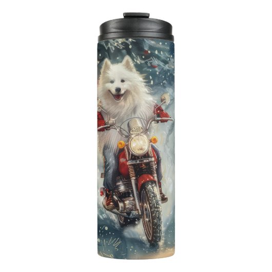Amerikaanse Eskimo Dog Riding Motorfiets Kerstmis Thermosbeker (Voorkant)