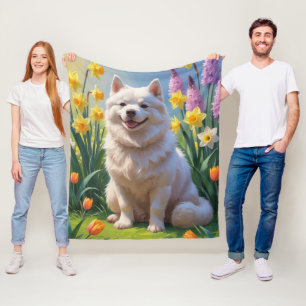 Amerikaanse Eskimo Dog Spring Bloemen Schilderen Fleece Deken