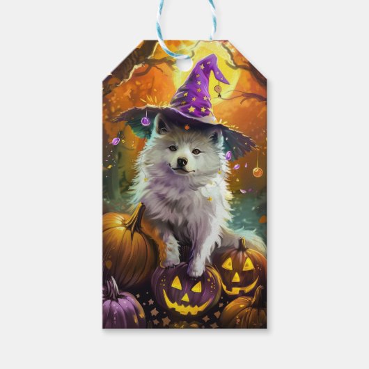 Amerikaanse Eskimo Halloween heks en pompoen Cadeaulabel (Voorkant)