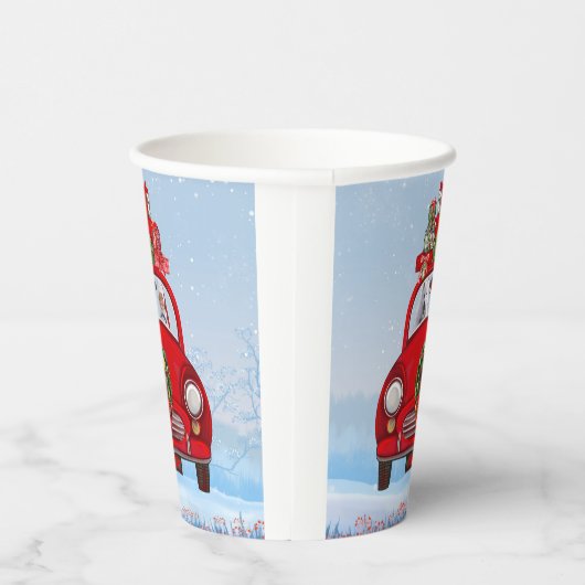 Amerikaanse eskimo-hond in auto's met kerstbedekki papieren bekers (Rechts)