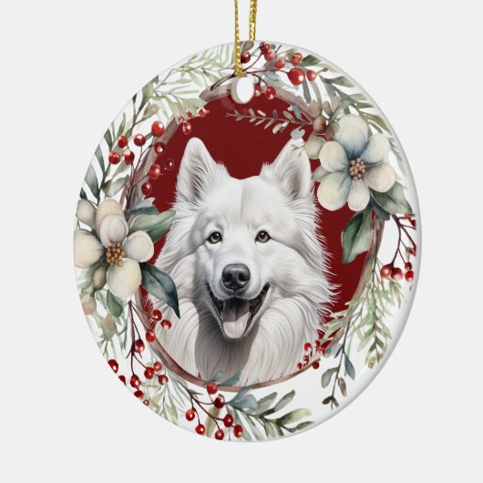 Amerikaanse Eskimo Hond Rustieke Kerstkrans Keramisch Ornament (Links)