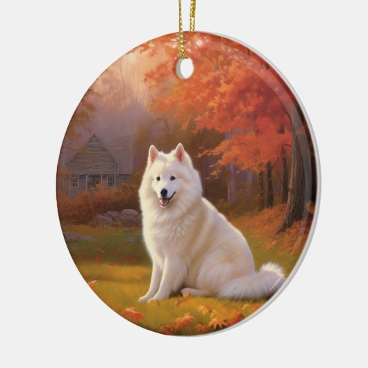 Amerikaanse Eskimo in herfstbladeren Herfst geïnsp Keramisch Ornament (Links)