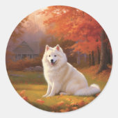 Amerikaanse Eskimo in herfstbladeren Herfst geïnsp Ronde Sticker (Voorkant)