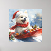 Amerikaanse Eskimo in Sledge Laat het Sneeuw Kerst Canvas Afdruk (Voorkant)