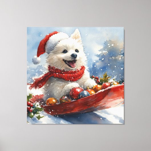 Amerikaanse Eskimo in Sledge Laat het Sneeuw Kerst Canvas Afdruk (Voorkant)