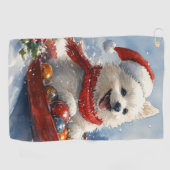 Amerikaanse Eskimo in Sledge Laat het Sneeuw Kerst Golfhanddoek (Horizontaal)