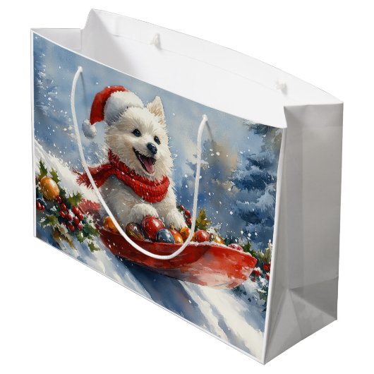 Amerikaanse Eskimo in Sledge Laat het Sneeuw Kerst Groot Cadeauzakje (Achterkant Gekanteld)