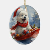 Amerikaanse Eskimo in Sledge Laat het Sneeuw Kerst Keramisch Ornament (Rechts)