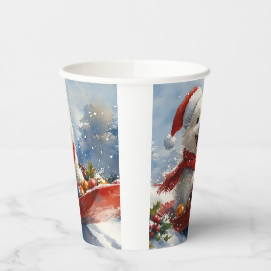 Amerikaanse Eskimo in Sledge Laat het Sneeuw Kerst Papieren Bekers (Links)