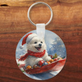 Amerikaanse Eskimo in Sledge Laat het Sneeuw Kerst Sleutelhanger (Voorkant)