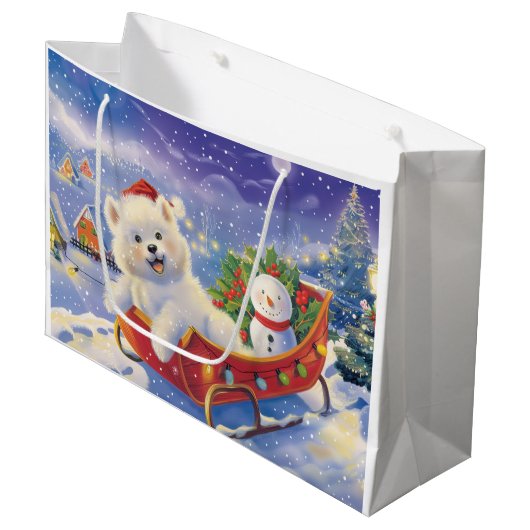 Amerikaanse Eskimo in Sleigh Snow Kerstmis Groot Cadeauzakje (Voorkant Gekanteld)