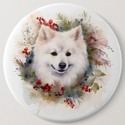 Amerikaanse Eskimo Kerstkrans Feestelijke Pup Ronde Button 6,0 Cm (Voorkant)