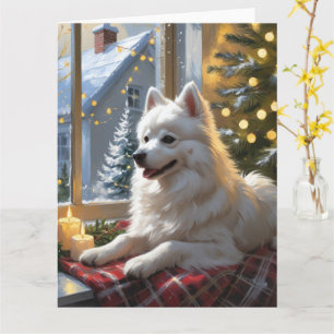 Amerikaanse Eskimo met Kerstverlichting Vakantie Kaart