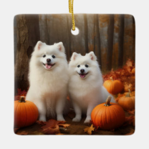 Amerikaanse Eskimo Puppy Autumn Delight Pumpkin Keramisch Ornament